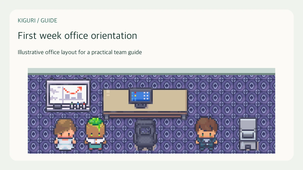 Illustrative pixel-art office scene for first week office orientation