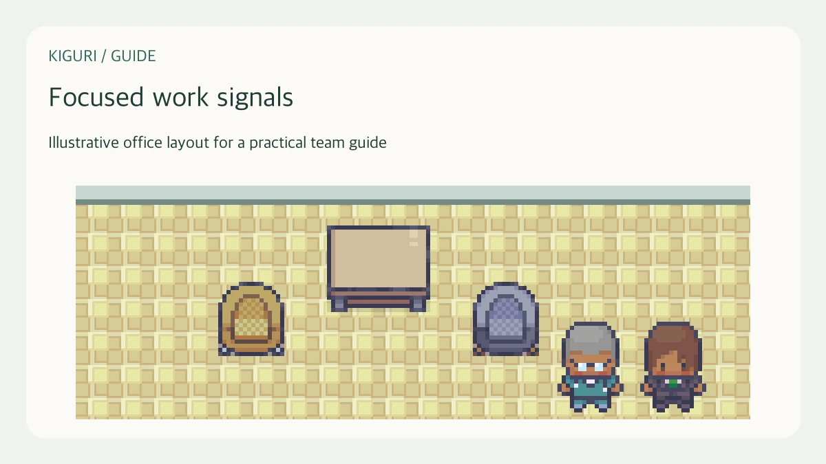 Illustrative pixel-art office scene for focused work signals