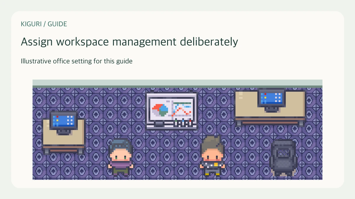 Illustrative office management discussion with two colleagues and separate workstations.