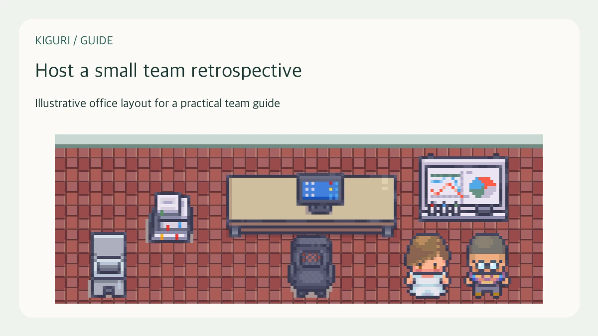 Illustrative pixel-art office scene for host a small team retrospective