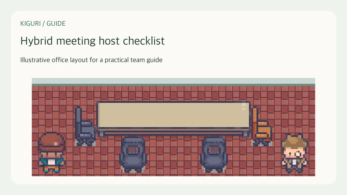 Illustrative pixel-art office scene for hybrid meeting host checklist