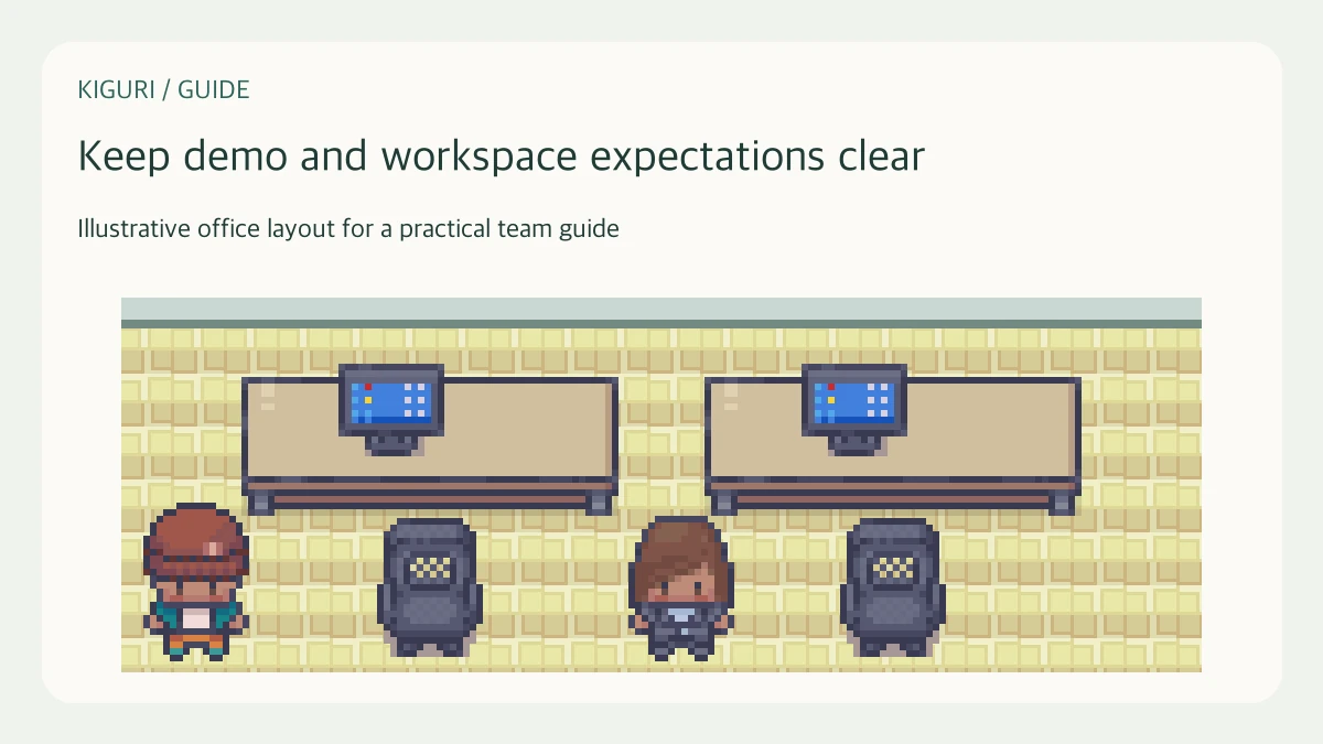 Illustrative pixel-art office scene for keep demo and workspace expectations clear