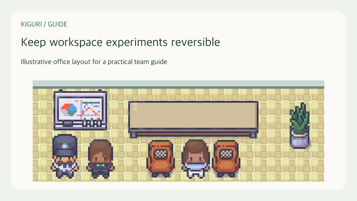 Illustrative pixel-art office scene for keep workspace experiments reversible