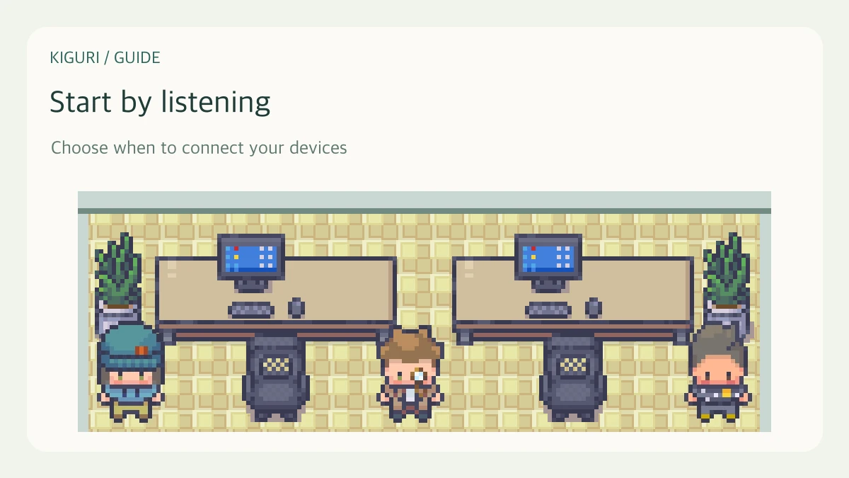 An illustrative office scene with characters and furniture for start by listening