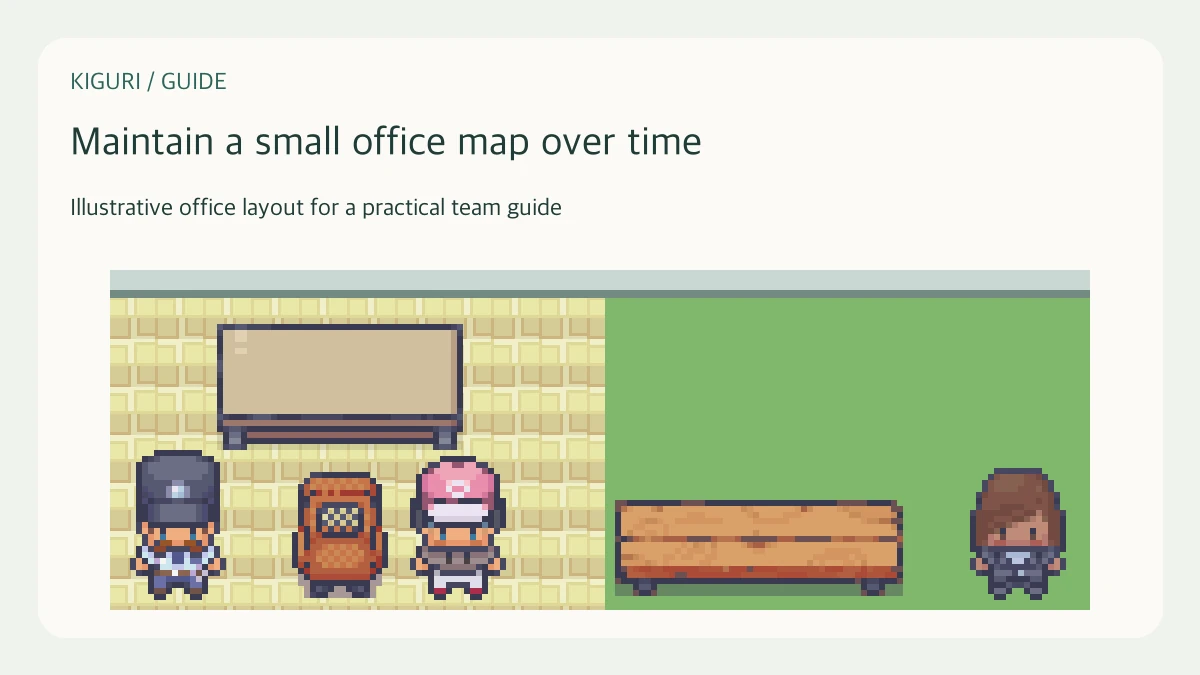 Illustrative pixel-art office scene for maintain a small office map over time