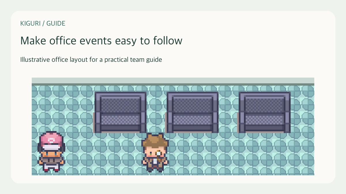 Illustrative pixel-art office scene for make office events easy to follow