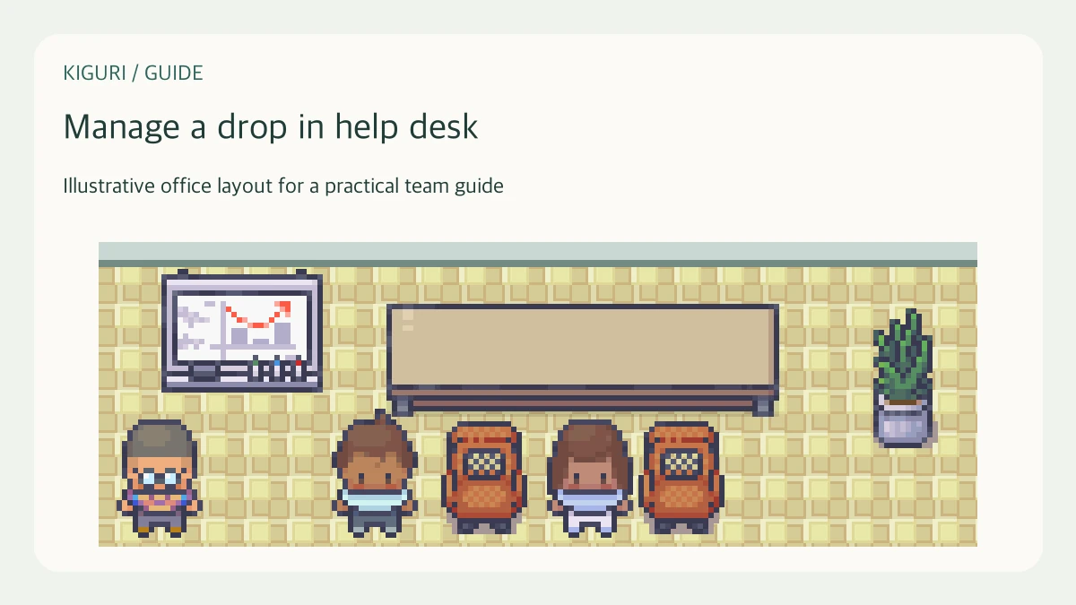 Illustrative pixel-art office scene for manage a drop in help desk