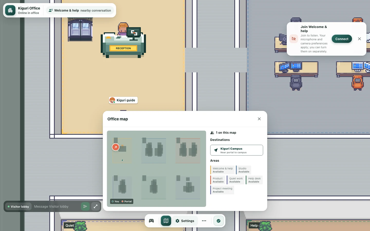 The minimap showing the current location and office spaces