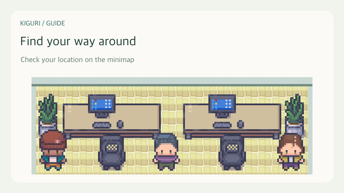 An illustrative office scene with characters and furniture for find your way around