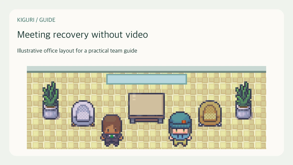 Illustrative pixel-art office scene for meeting recovery without video