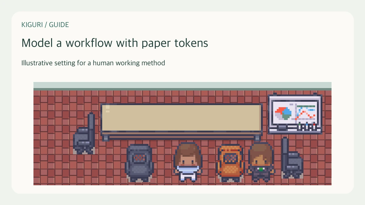 Illustrative office scene for model a workflow with paper tokens