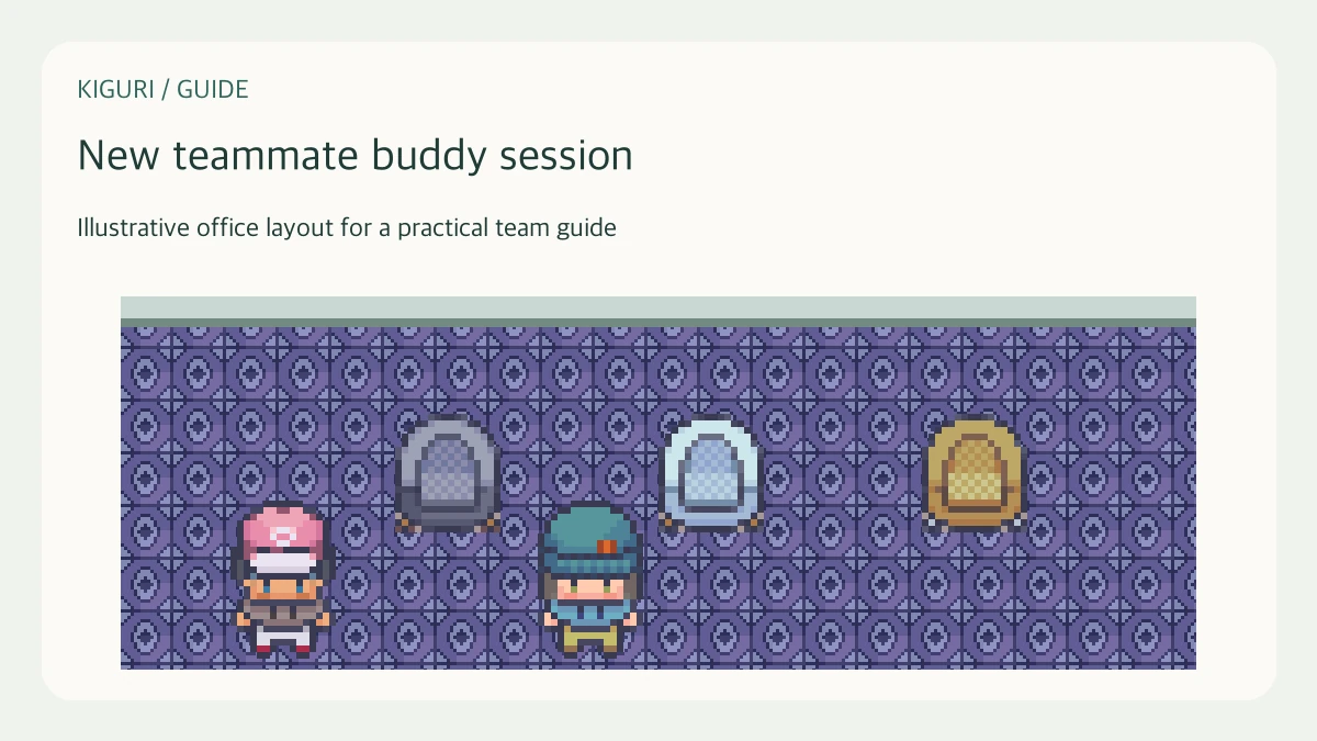 Illustrative pixel-art office scene for new teammate buddy session