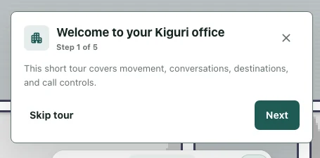 The first office tour step with Next and Skip tour controls