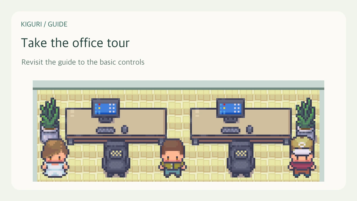 An illustrative office scene with characters and furniture for take the office tour