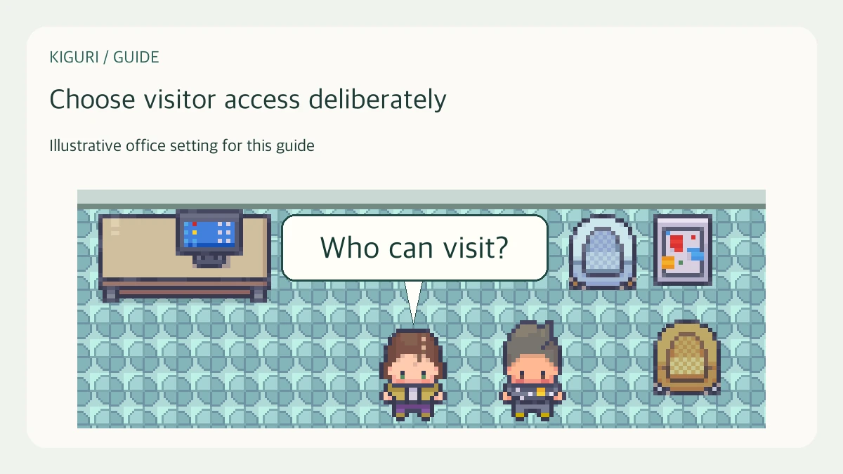 Illustrative reception planning with two fictional colleagues, complete waiting chairs and source framed picture, with fictional dialogue Who can visit?