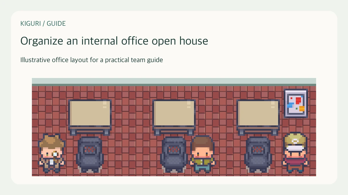 Illustrative pixel-art office scene for organize an internal office open house