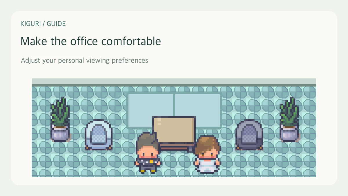 An illustrative open window lounge scene with existing Kiguri furniture and characters
