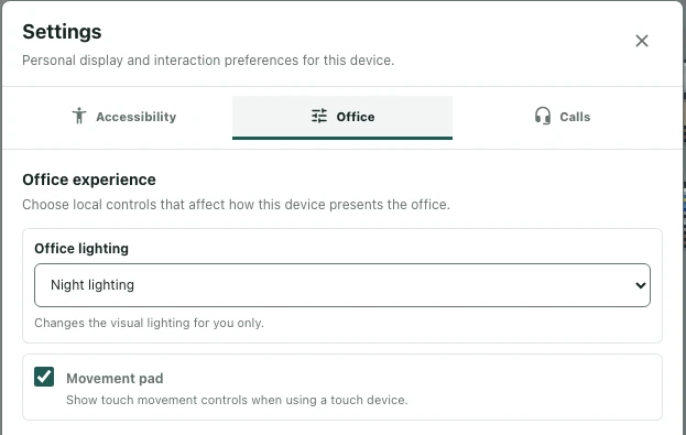 Office lighting and Movement pad in the Office settings tab