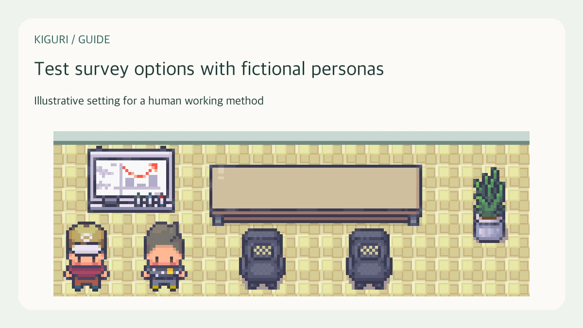 Illustrative office scene for test survey options with fictional personas