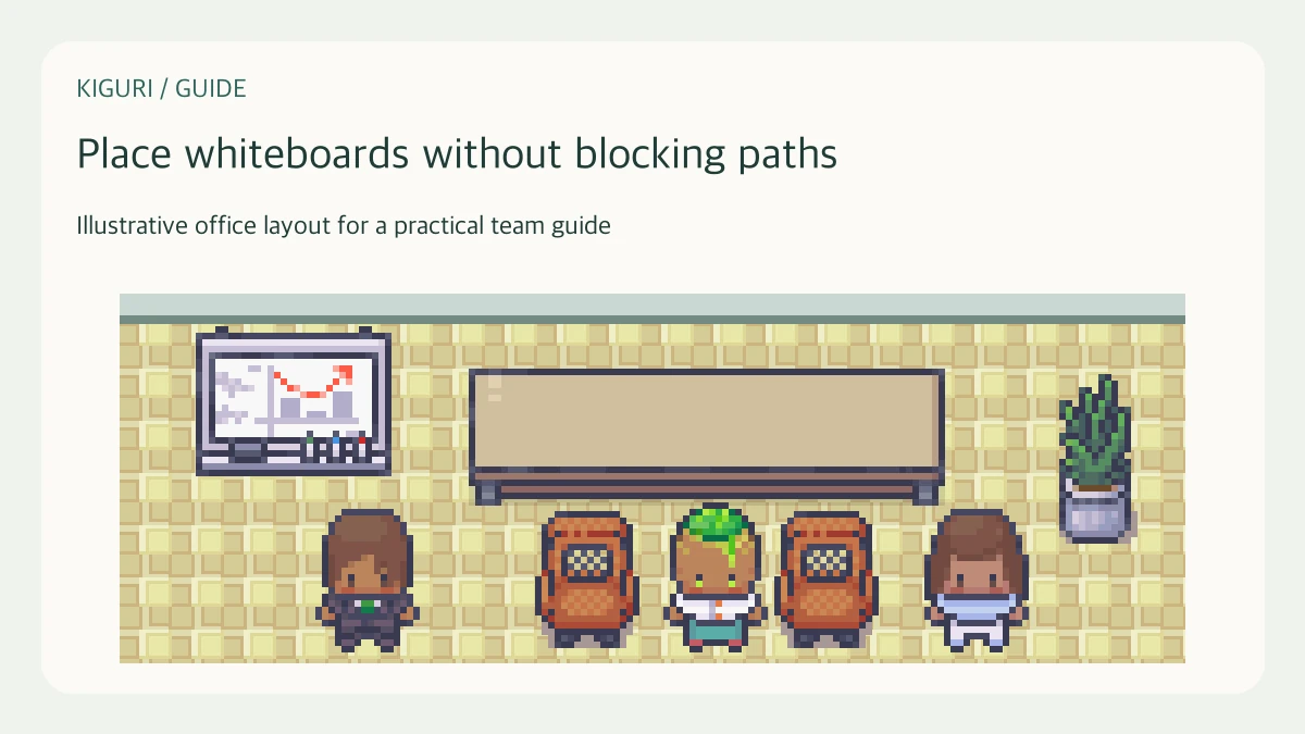 Illustrative pixel-art office scene for place whiteboards without blocking paths