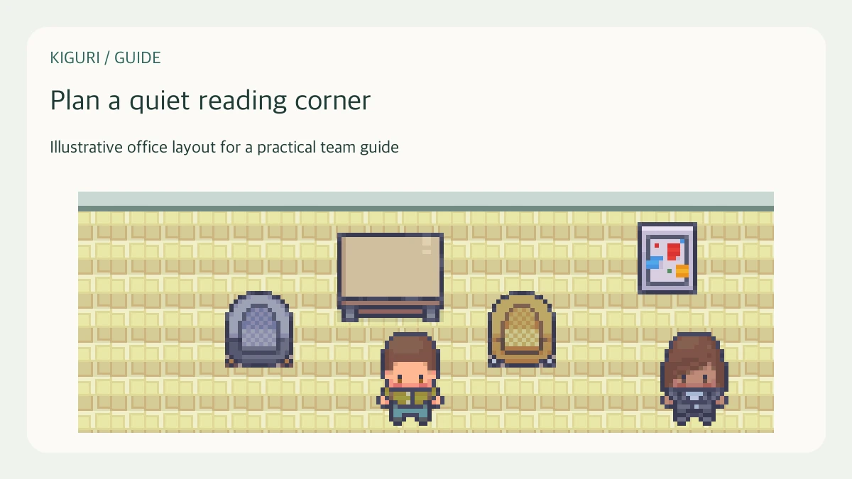 Illustrative pixel-art office scene for plan a quiet reading corner