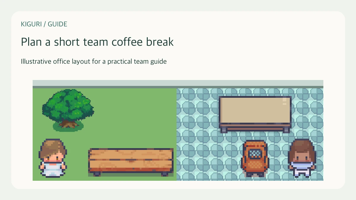 Illustrative pixel-art office scene for plan a short team coffee break