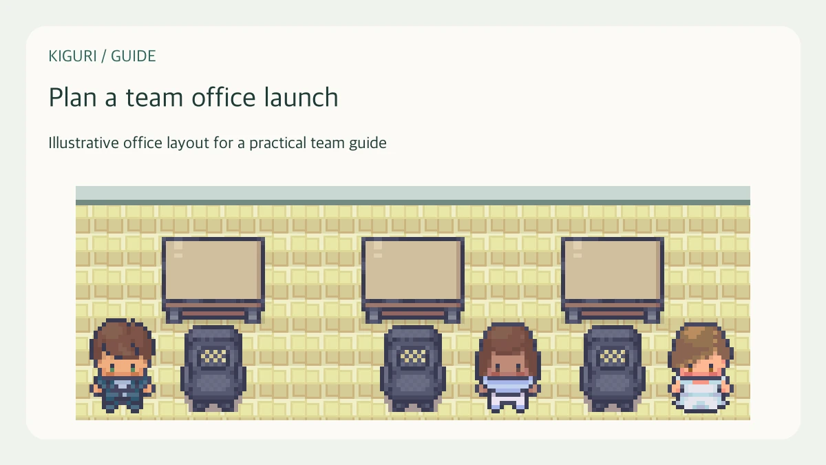 Illustrative pixel-art office scene for plan a team office launch