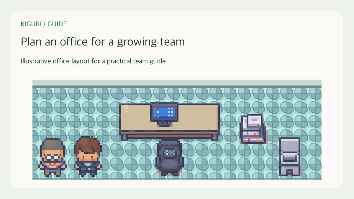 Illustrative pixel-art office scene for plan an office for a growing team