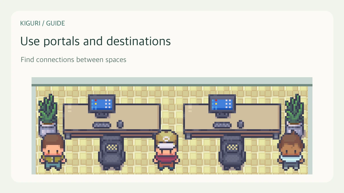An illustrative office scene with characters and furniture for use portals and destinations