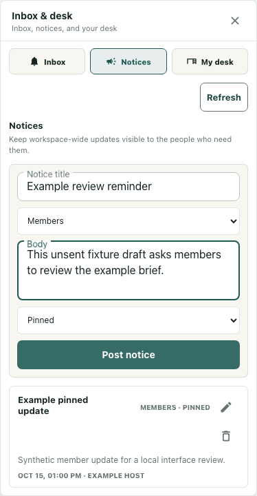 Notices audience/pinning/edit states shown in a synthetic isolated native UI example