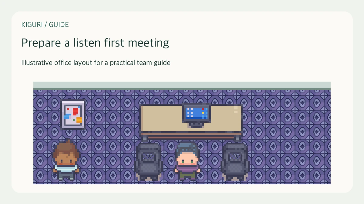 Illustrative pixel-art office scene for prepare a listen first meeting