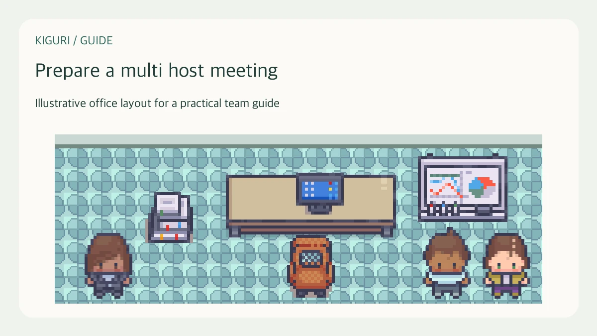 Illustrative pixel-art office scene for prepare a multi host meeting