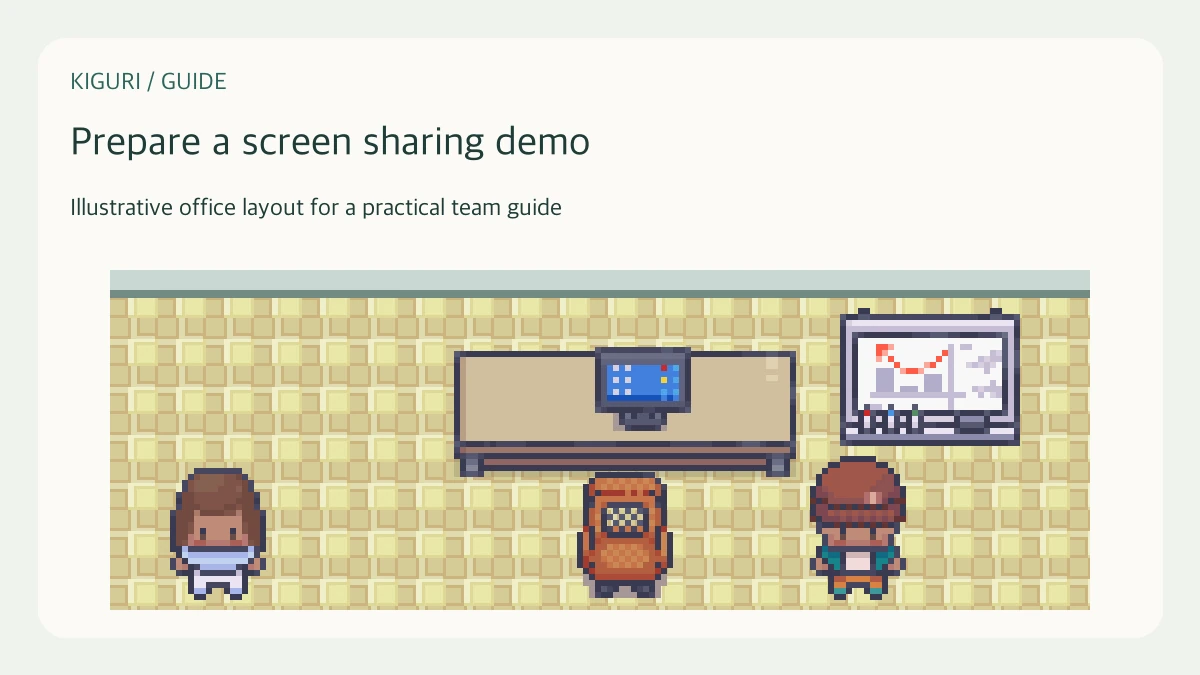 Illustrative pixel-art office scene for prepare a screen sharing demo