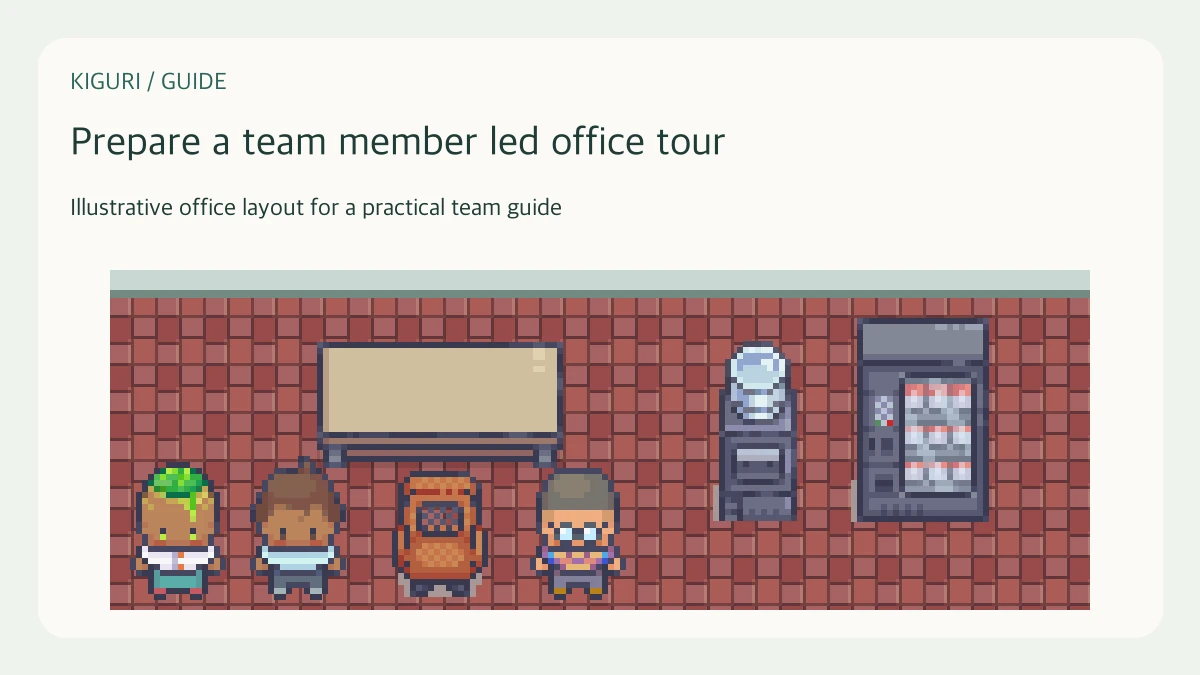 Illustrative pixel-art office scene for prepare a team member led office tour