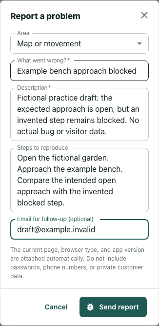 Prepare an actionable problem report before sending — actual interface with fictional local example data