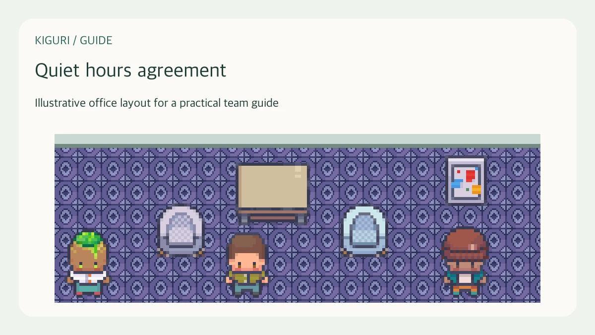 Illustrative pixel-art office scene for quiet hours agreement