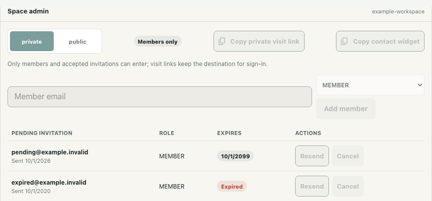 Workspace invitation pending/expiry states shown in a synthetic isolated native UI example