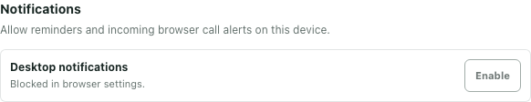 The actual Notifications settings section with a simulated blocked browser permission and disabled Enable button