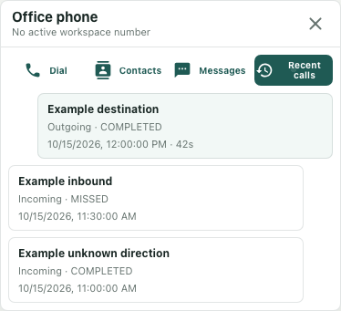Actual Recent calls controls with fictional outgoing, missed and unknown-direction entries