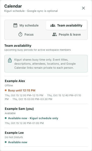 Read team busy periods before proposing a meeting time — actual interface with fictional local example data