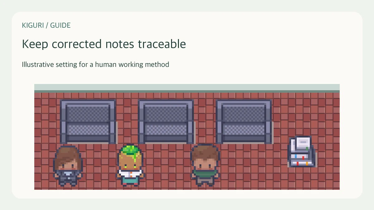 An office illustration accompanying the guide “Reconcile meeting notes without silently rewriting decisions”