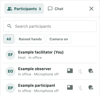 Original Participants panel with a fictional host and a supplied microphone-off state for Example participant.