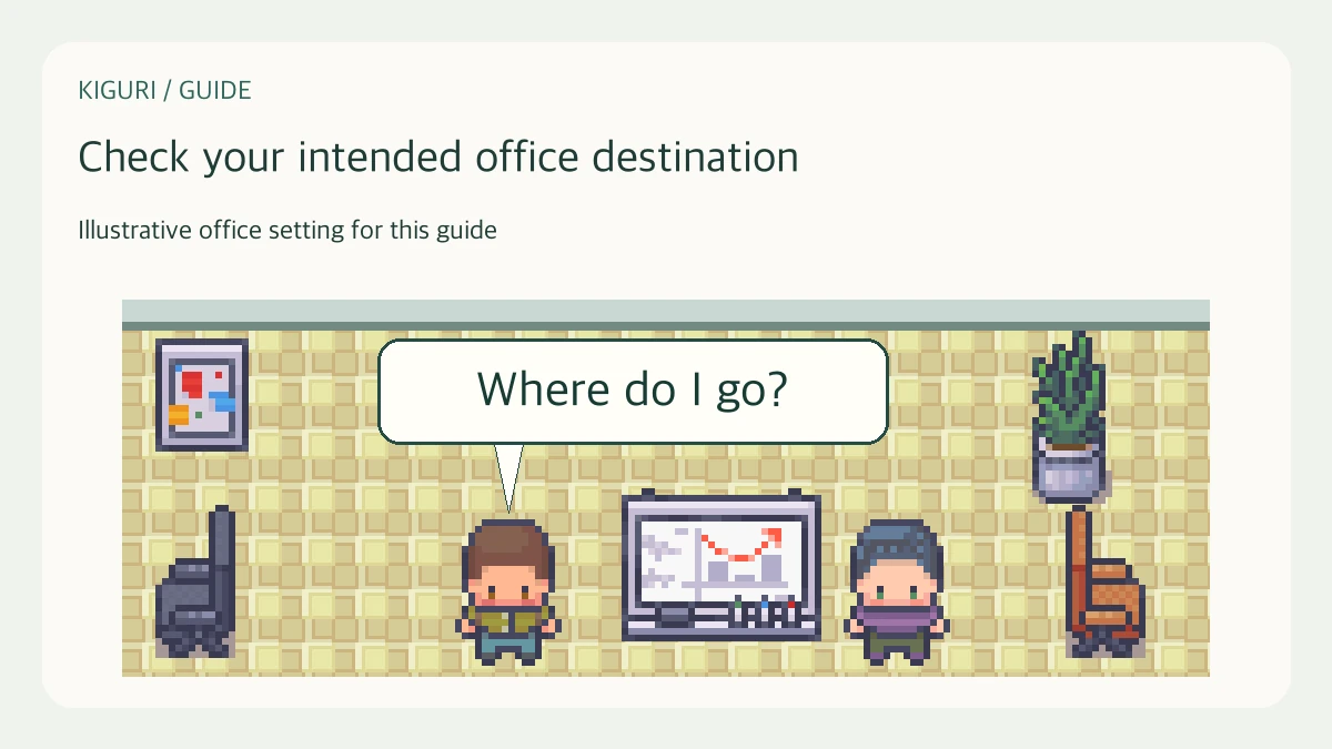 Illustrative arrival space with two fictional colleagues, complete framed artwork, chairs and a reference display, with dialogue Where do I go?
