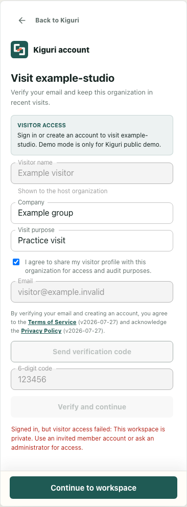 Original visitor sign-in form for fictional example-studio with the supplied visitor-access failure and Continue to workspace button.