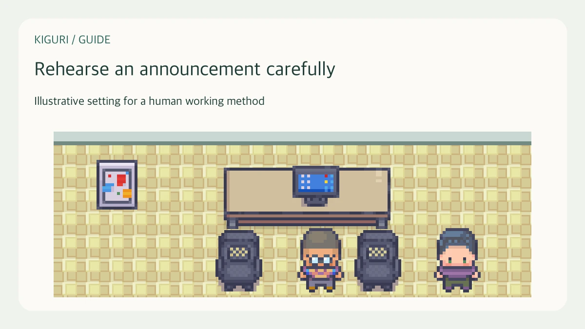 An office illustration accompanying the guide “Rehearse a release announcement before it goes out”