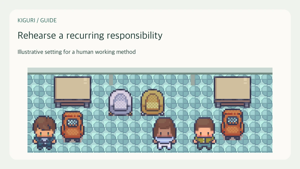 An office illustration accompanying the guide “Rehearse a responsibility transfer before the owner leaves”