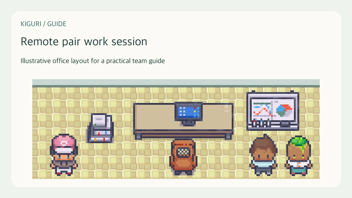 Illustrative pixel-art office scene for remote pair work session