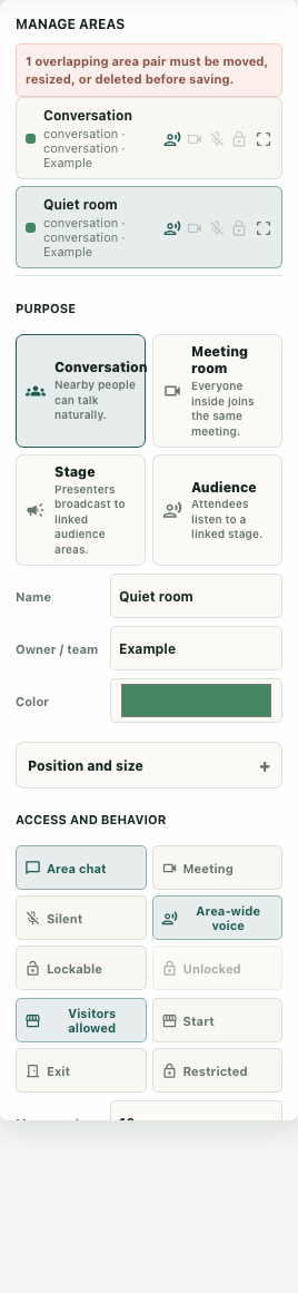 Actual Manage areas warning and selected fictional Quiet room