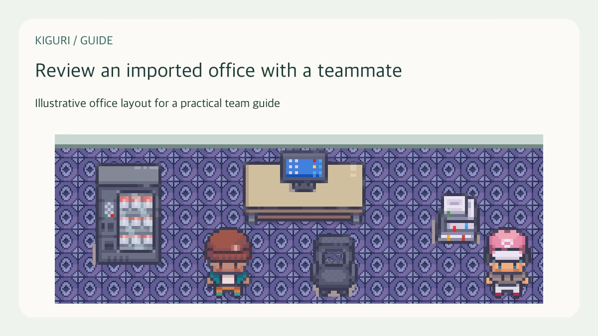 Illustrative pixel-art office scene for review an imported office with a teammate