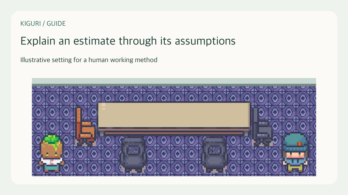 An office illustration accompanying the guide “Review the assumptions behind a work estimate”